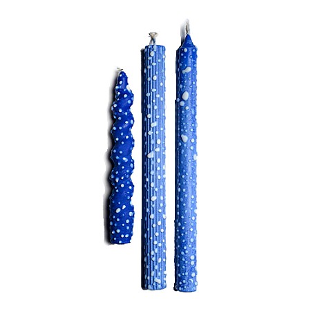 Dotted Taper Candles - Blue, Full Set of 3