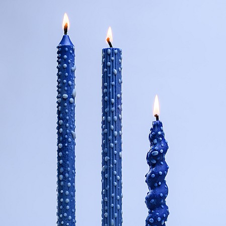 Dotted Taper Candles - Blue, Full Set of 3