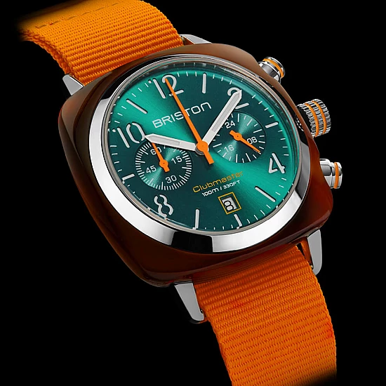 Годинник BRISTON Clubmaster Chrono date Steel 40 TORTOISE acetate EM dial&orange Годинник BRISTON Clubmaster Chrono date Steel 40 TORTOISE acetate EM dial&orange